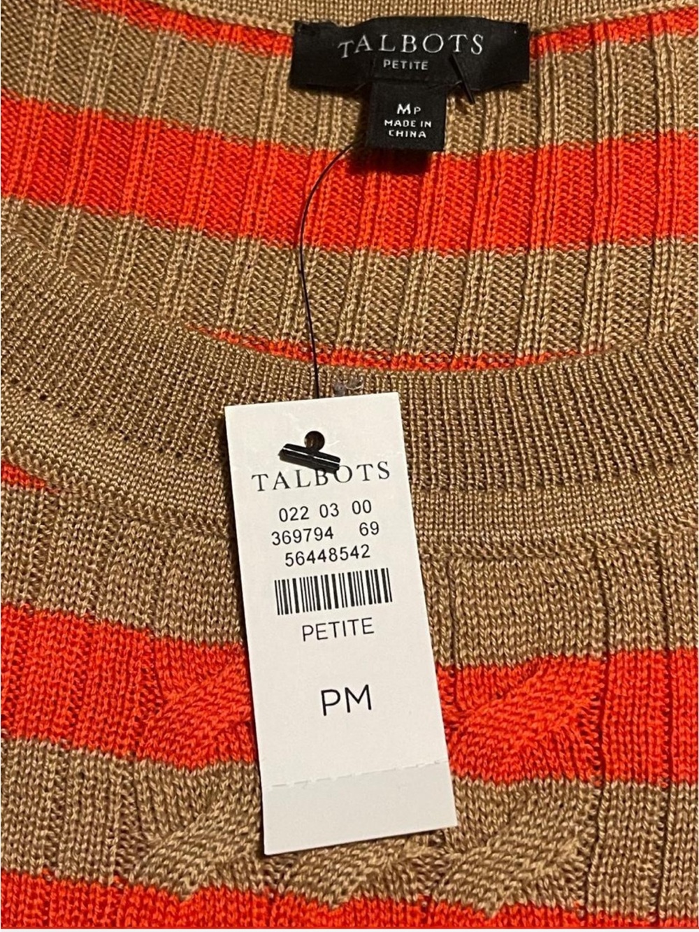 NWT Talbots Cable Knit Striped Sweater Bright Orange & Beige Size: M Petite - Picture 7 of 7